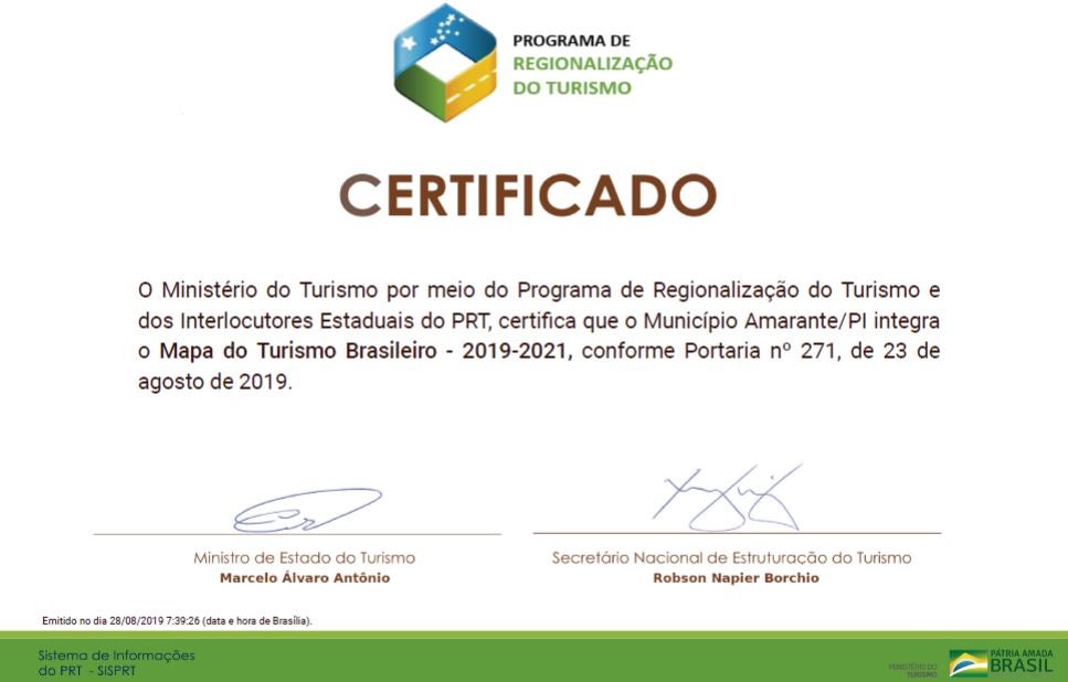 certificado de Amarante ministério do turismo