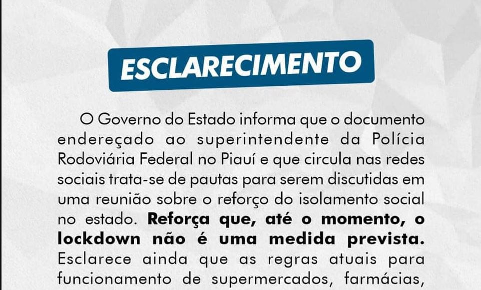 nota de esclarecimento do Governo do Piauí lockdown