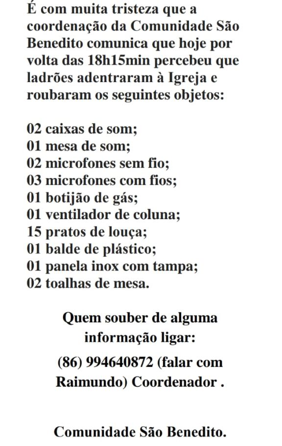 Criminosos arrombam Igreja São Benedito e fazem arrastão, em Parnaíba
