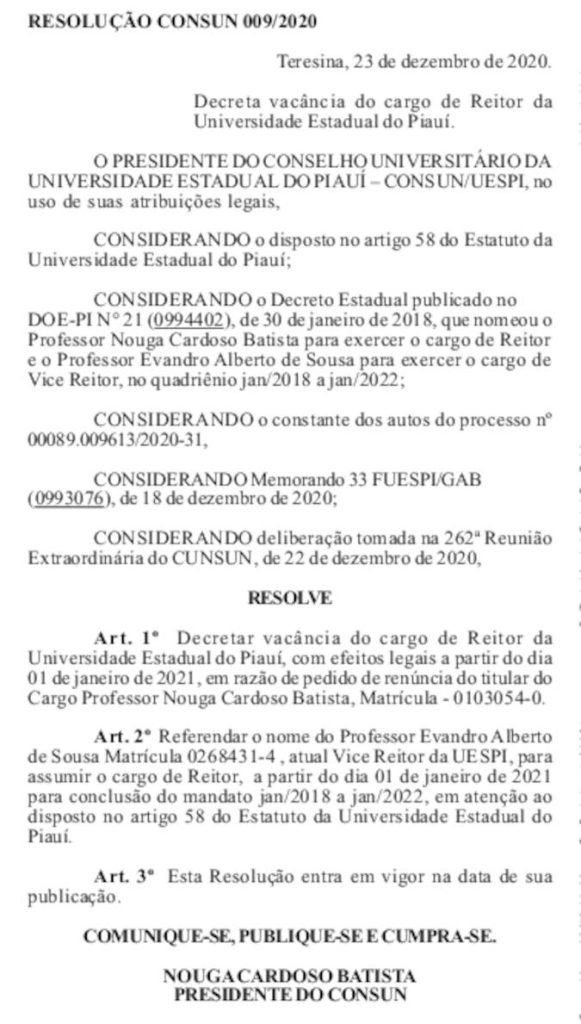 Nouga Cardoso renuncia cargo de reitor da Uespi para assumir Sec. de Educação de Teresina
