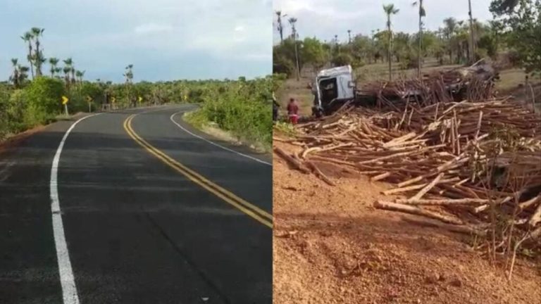 No Piauí, condutor tem ferimentos leves após caminhão carregado de madeira capotar