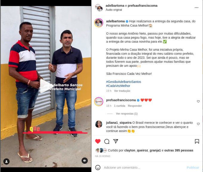 O prefeito Adelbarto, com doação do próprio salário, realizou a entrega da segunda casa do Projeto habitacional, Minha Casa Melhor.