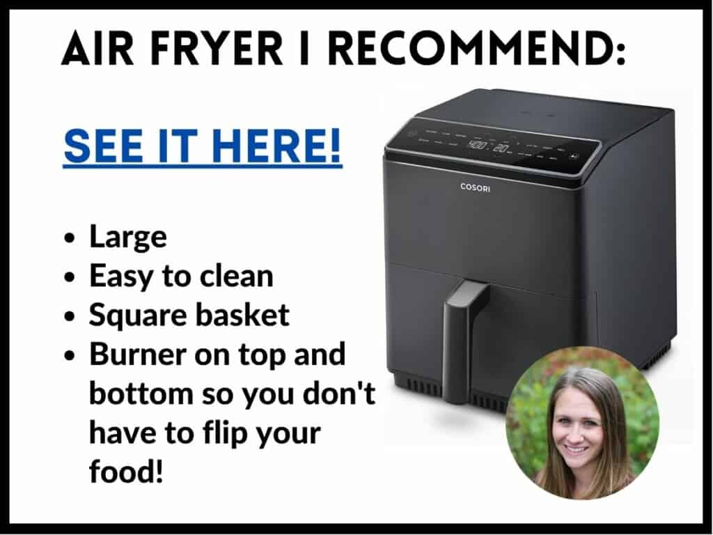 Air Fryer que eu recomendo: grande, fácil de limpar, cesto quadrado, queimador na parte superior e inferior.  Clique para vê-lo.