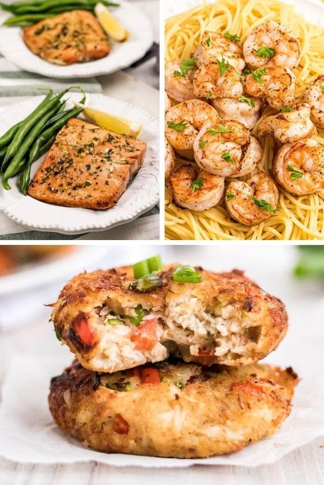 Collage of air fryer salmon, air fryer shrimp, and air fryer crab cakes