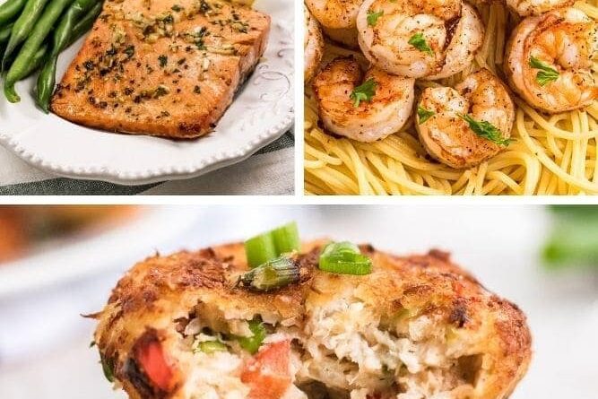 Collage of air fryer salmon, air fryer shrimp, and air fryer crab cakes