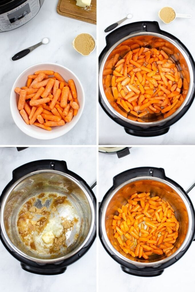 No processo de colagem de cenouras em uma tigela, no Instant Pot, com molho de açúcar mascavo, depois tudo misturado no Instant Pot