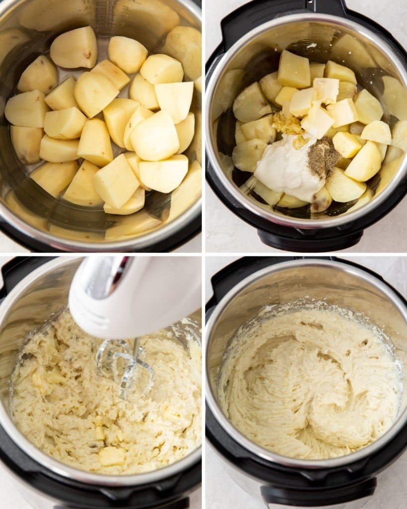 Colagem de tomadas aéreas no Instant Pot (batatas cortadas, todos os ingredientes adicionados, misturador manual, batatas prontas)