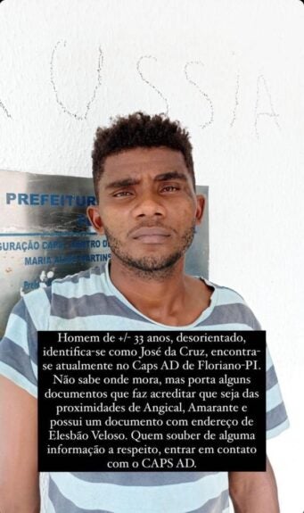 Caps AD de Floriano-PI pede ajuda na busca por informações sobre homem desorientado