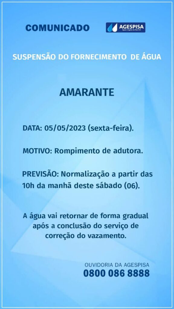Rompimento de adutora provoca suspensão no fornecimento de água em Amarante