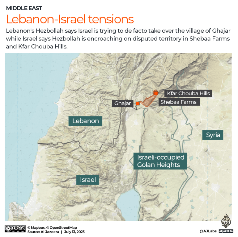 Mapa da área de fronteira de Israel com o Líbano