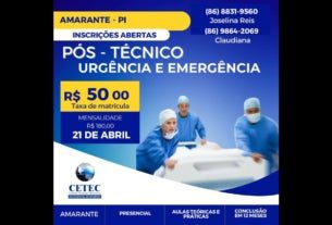 Amarante abre inscrições para pós-técnico em Urgência e Emergência