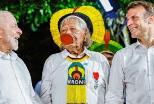 Cacique Raoni recebe honraria de Macron e pede demarcações a Lula