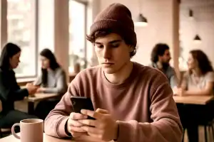 jovem acessando redes sociais de artistas famosos