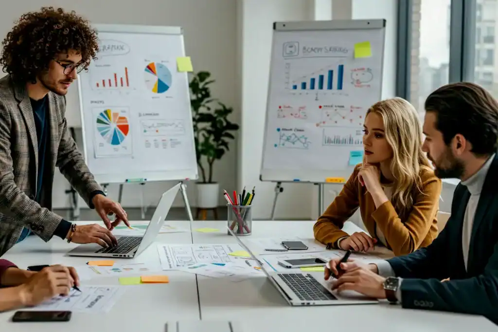 Grupo de executivos definindo planejamento estratégico em reunião de mesa