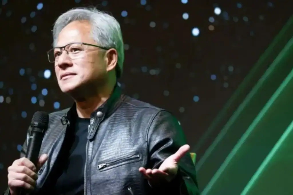 Executivos da Nvidia e Coreia do Sul apertam as mãos sobre um display de chips