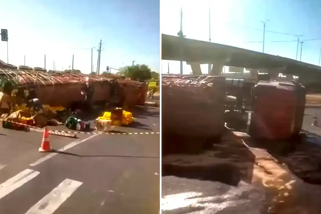 caminhão tombado pouco depois do acidente