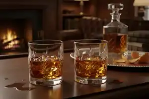 Foto em plano fechado de copos contendo bebidas alcoólicas em uma mesa.