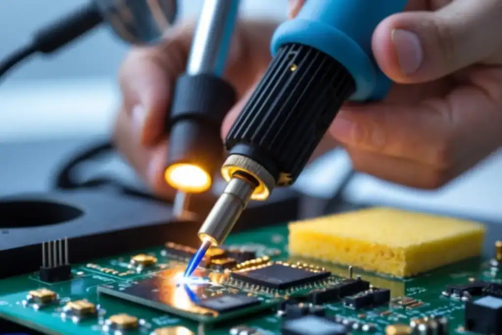 Homem soldando um componente eletrônico com ferro de solda