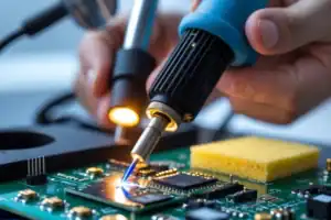 Homem soldando um componente eletrônico com ferro de solda