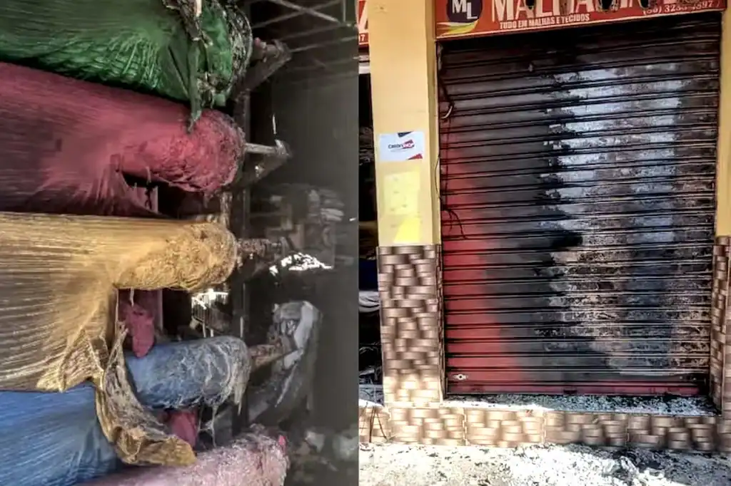 Tecidos e portão da frente queimados da loja no Centro de Teresina