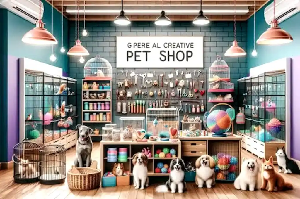 Fachada de loja (pet shop) com diversos produtos para animais