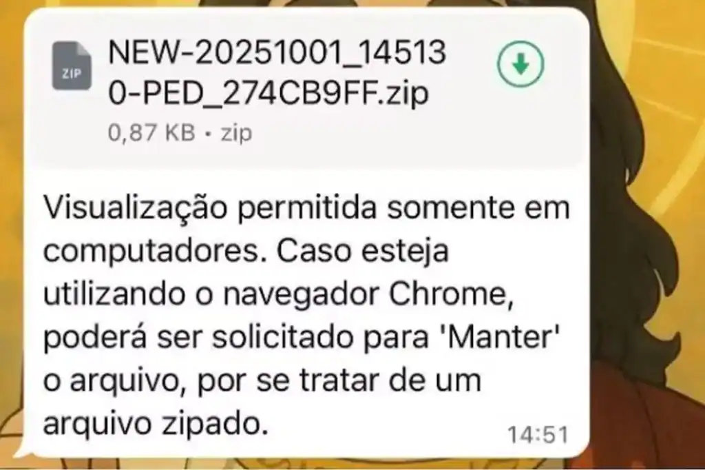Captura de tela da mensagem falsa usada por criminosos no WhatsApp