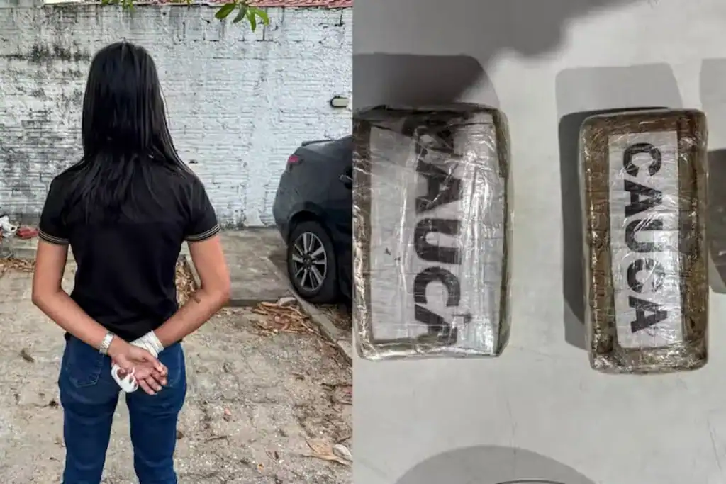 Suspeita de costas algemada sendo escoltada após prisão por tráfico no Piauí