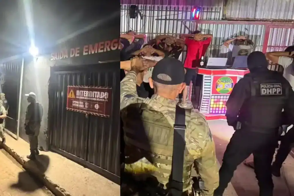 Policiais militares e civis durante a operação de interdição de um baile de reggae na Zona Sul.