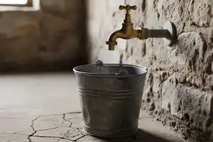 Torneira pingando ou seca sobre balde no sertão piauiense.