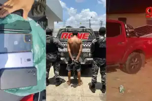 Policiais e viaturas cercam suspeito detido após assalto à residência.