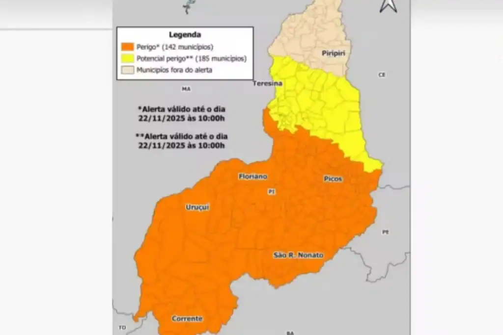 Mapa ilustrativo da previsão do tempo, com áreas em vermelho indicando chuvas intensas no Sul do Piauí, incluindo Floriano.