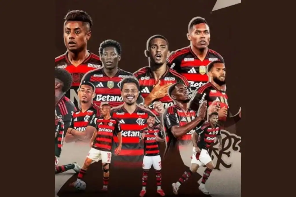Montagem do time do Flamengo com De la Cruz, Arrascaeta e Varela em uniformes de jogo no Maracanã, no Rio de Janeiro.