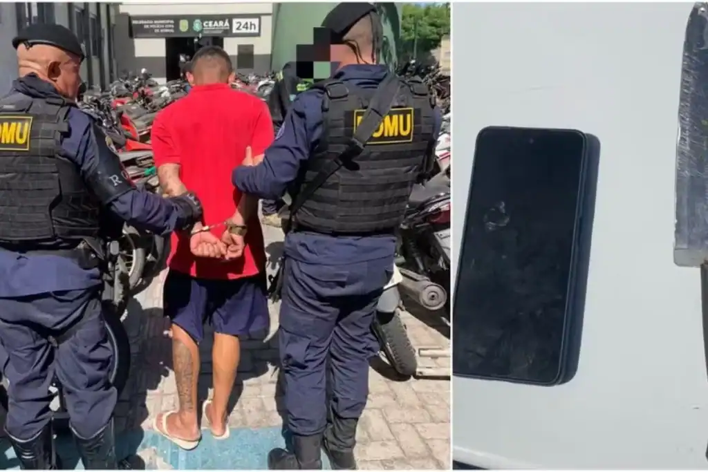 Foto do suspeito algemado sendo levado pela Guarda Municipal em Sobral