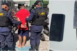 Foto do suspeito algemado sendo levado pela Guarda Municipal em Sobral