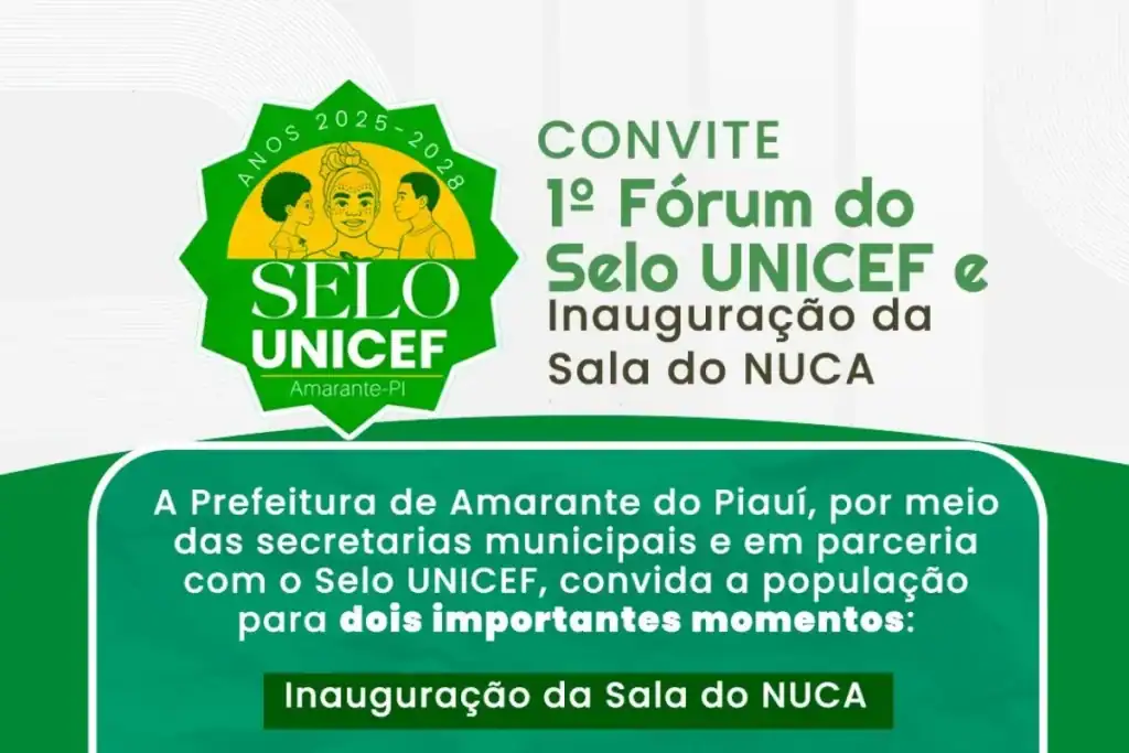Convite oficial do evento exibindo a logo Selo UNICEF 2025-2028 e o anúncio da inauguração da Sala do NUCA em Amarante. Convite oficial do evento exibindo a logo Selo UNICEF 2025-2028 e o anúncio da inauguração da Sala do NUCA em Amarante.