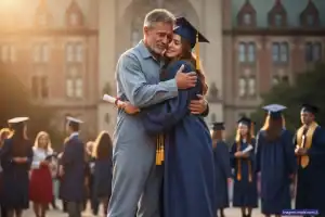 Antônio, pai faxineiro, abraça a filha Isabela no palco da formatura.
