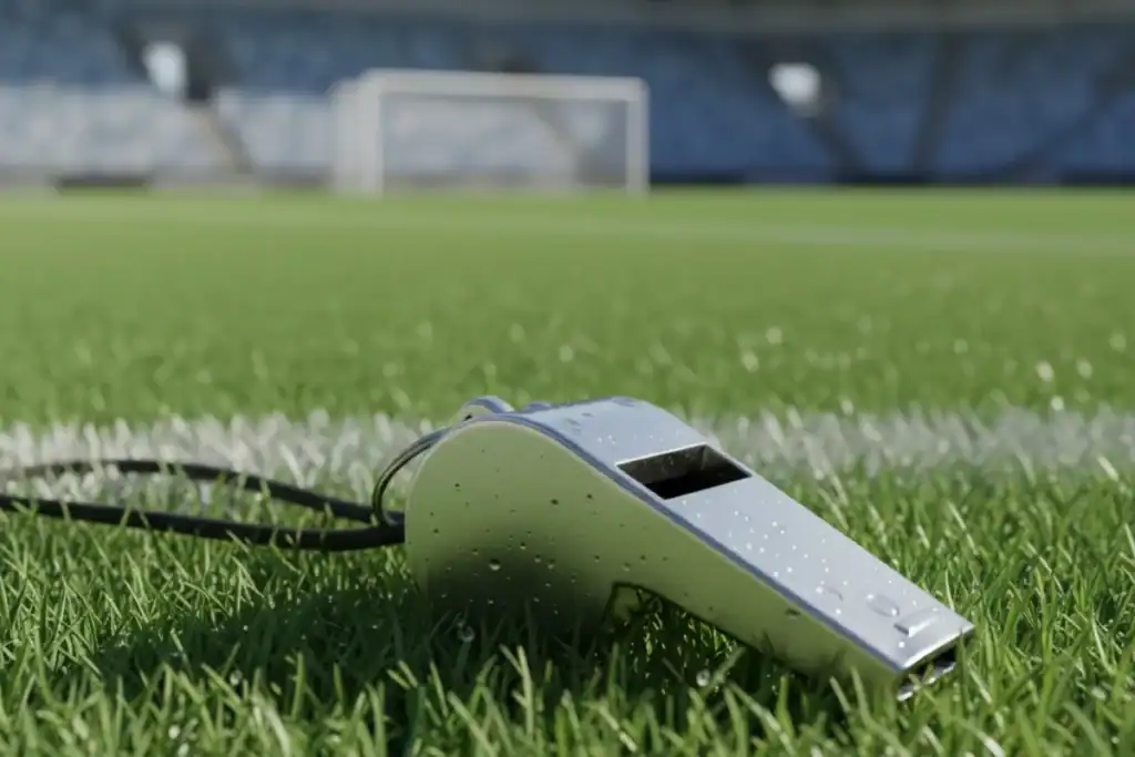 Árbitro de futebol aponta para o campo durante partida sem VAR; o estádio está lotado