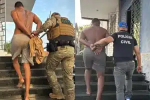 Suspeitos de roubo a residências sendo conduzidos por policiais civis do Maranhão, em São Luís.