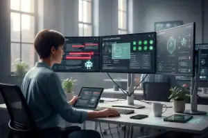 Interface digital mostrando um texto sendo analisado por software detector de IA para identificar padrões de escrita automatizada.