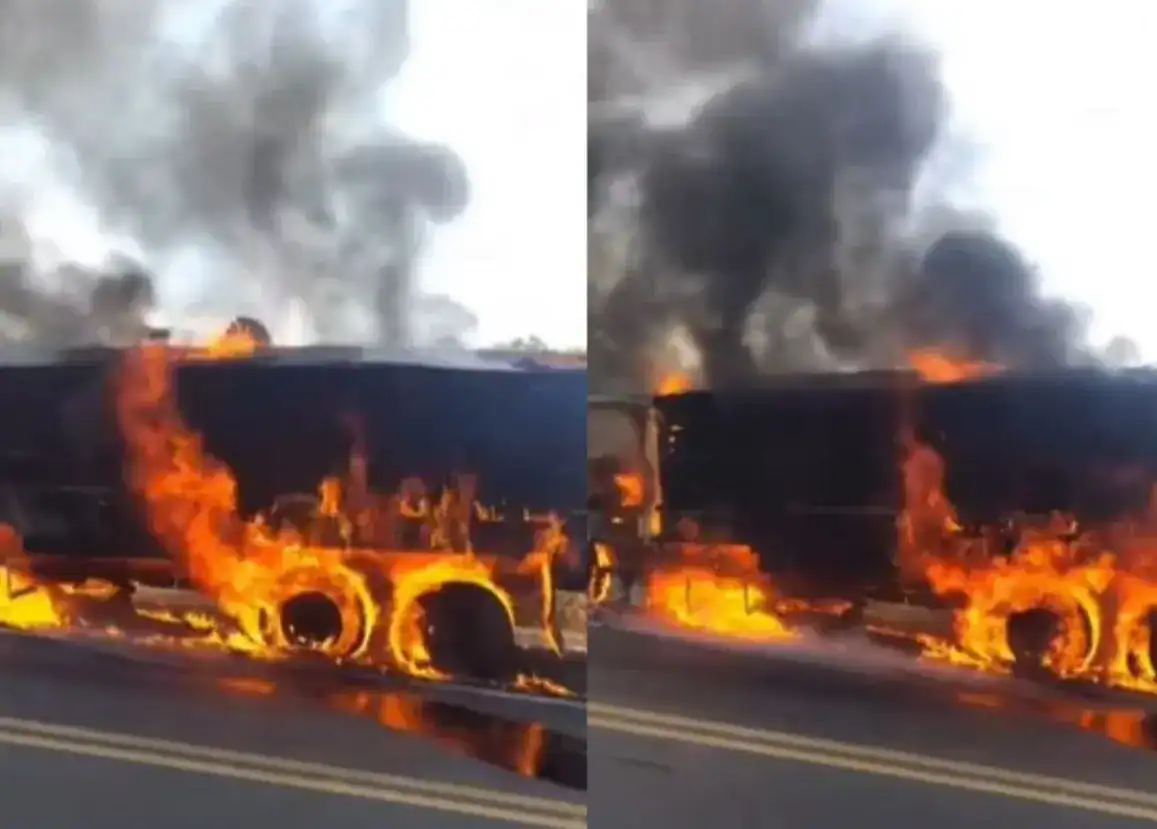 Caminhão com carga de madeira em chamas na BR-135, serra de São Gonçalo do Gurguéia, Piauí