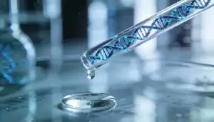 Moléculas de DNA codificando dados digitais, ilustrando a tecnologia de armazenamento biológico.
