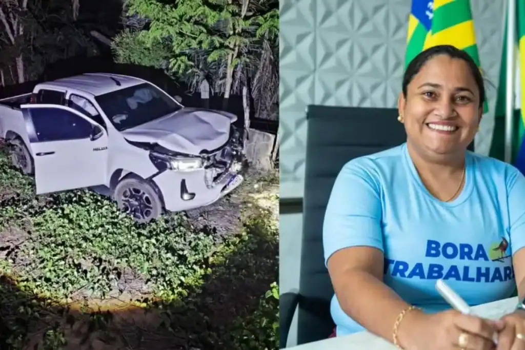 Montagem mostra a prefeita Genir Ferreira e carro danificado após colisão com animal na PI-331, em Boqueirão.