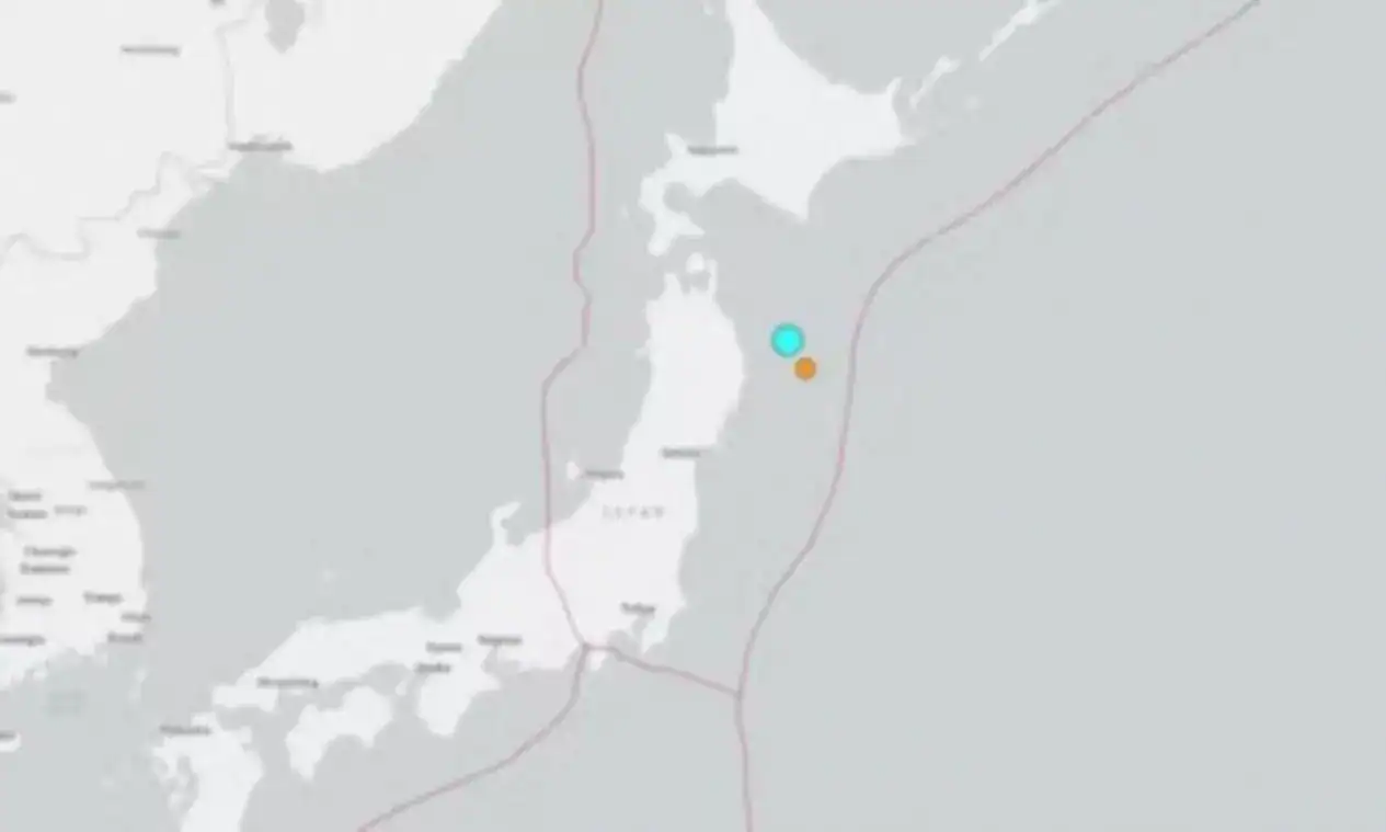 Mapa da costa leste do Japão com epicentro de terremoto de magnitude 6 no mar