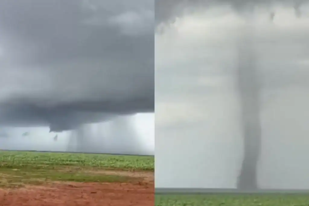 Imagem mostra a coluna de vento do tornado landspout tocando o solo na zona rural de Baixa Grande do Ribeiro