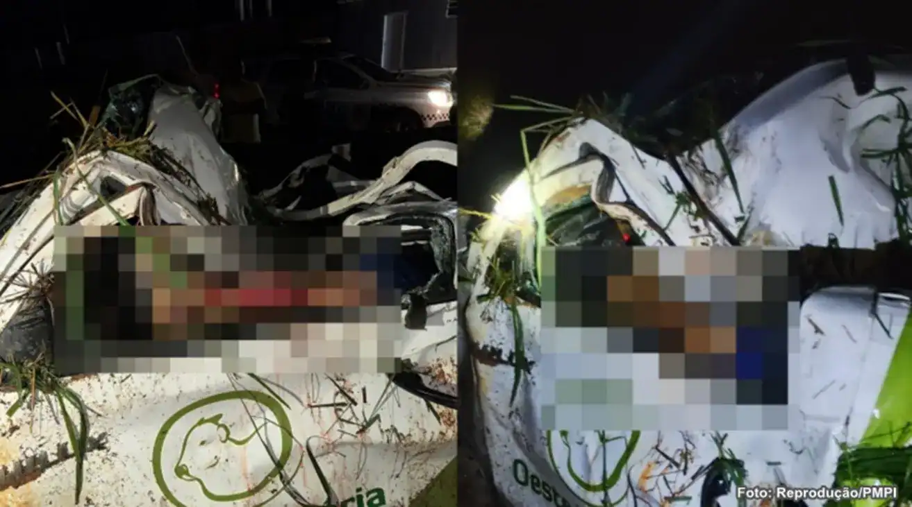 Caminhonete danificada na BR-135 em Corrente, Piauí, após acidente fatal que vitimou engenheiro agrônomo Felipe Ferreira Lopes