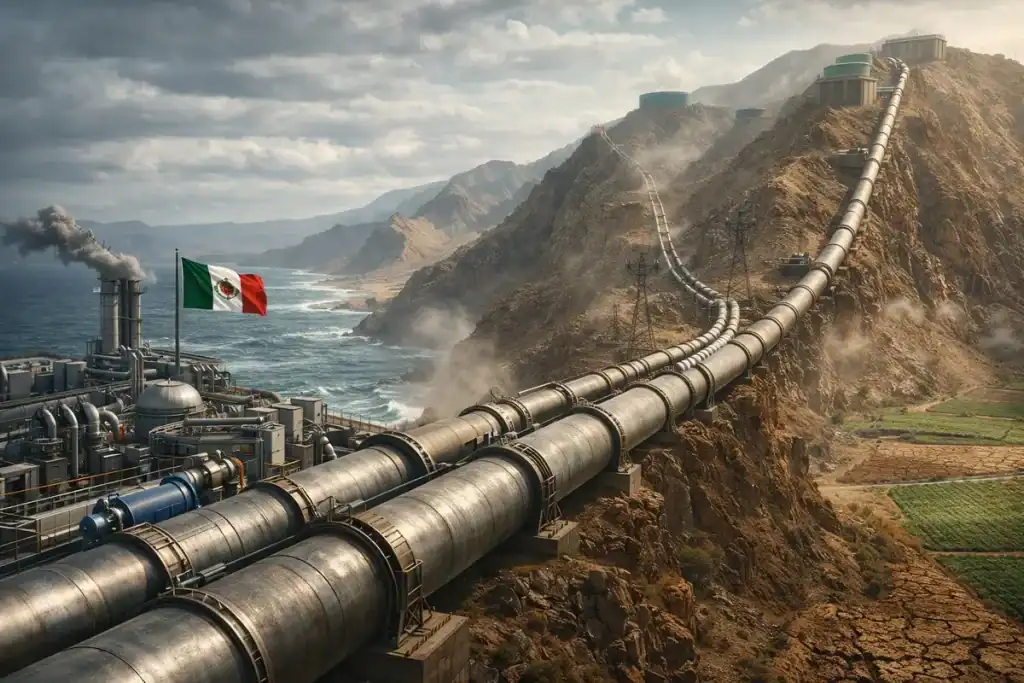 Mapa ilustrando o projeto de dessalinização e bombeamento de água do Oceano Pacífico sobre montanhas para regiões agrícolas no norte do México.