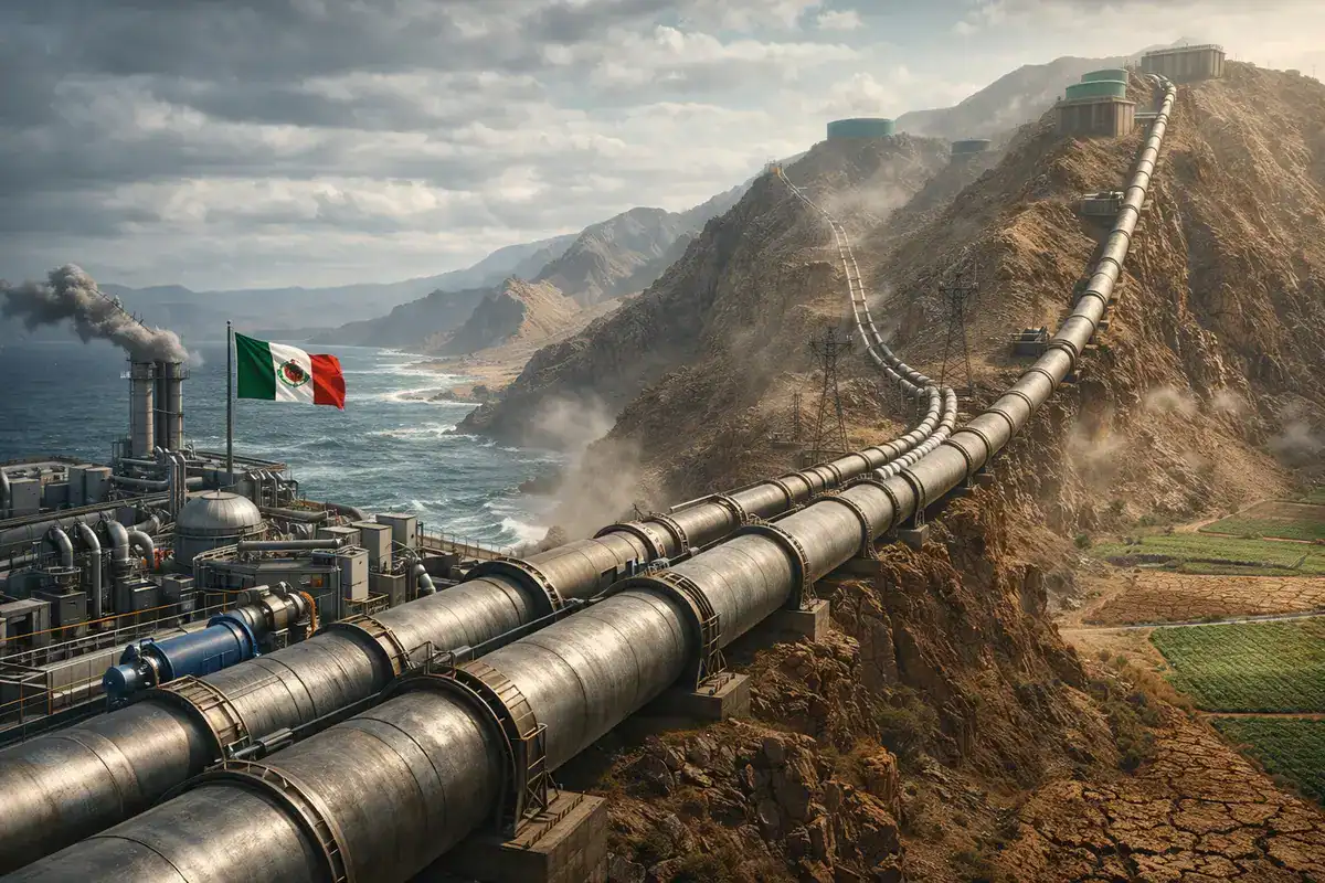 Projeto de dessalinização e bombeamento de água do Oceano Pacífico sobre montanhas para regiões agrícolas no norte do México.