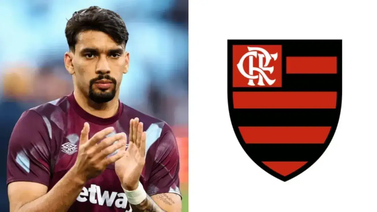 Lucas Paquetá em ação com a camisa do West Ham, durante partida de futebol, com foco na negociação de seu retorno ao Flamengo.