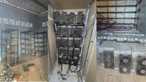 Policiais civis em ação apreendendo equipamentos de mineração de criptomoedas em fazenda clandestina em Porto Real do Colégio, Alagoas.