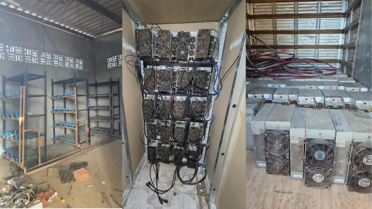 Policiais civis em ação apreendendo equipamentos de mineração de criptomoedas em fazenda clandestina em Porto Real do Colégio, Alagoas.